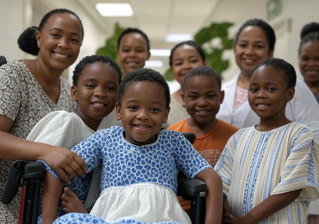 Economic Hardship Fuels Dependency on Disability and Care Grants, Disabled child in a wheelchair accompanied by family at a hospital