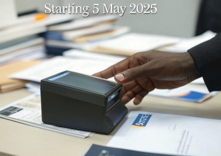 Person completing SRD grant verification using fingerprint scanner at a SASSA office, SASSA Biometric ID Verification Starting 5 May 2025