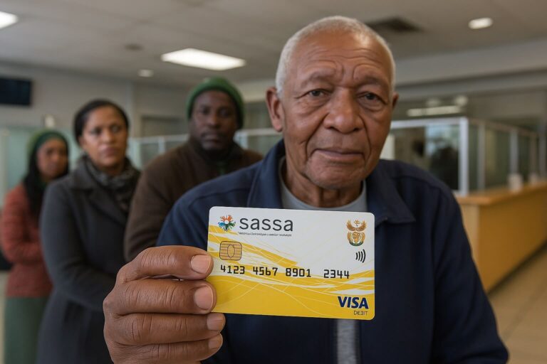 SASSA Gold Card Remains Functional Beyond 31 May 2025, Old age man holding a SASSA gold card inside a bank for grant payment