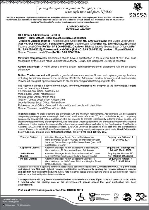SASSA Jobs Opportunities for Unemployed in Limpopo Region Ends 12 September 2025 Official Announcement Paper